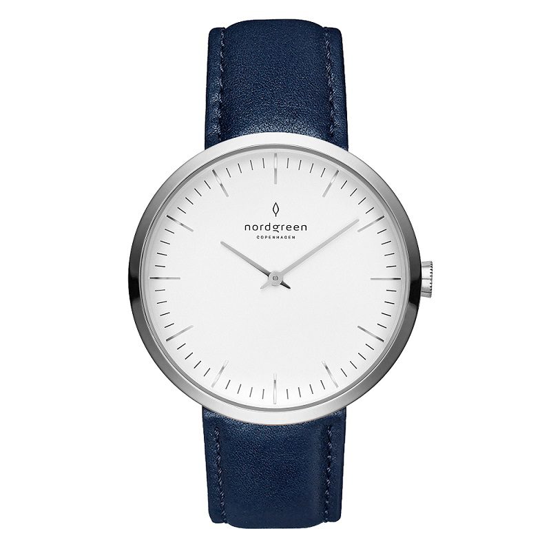 NORDGREEN | In32silenaxx | Infinity - 32MM - Navy blå læder, sølv urkasse, hvid skive